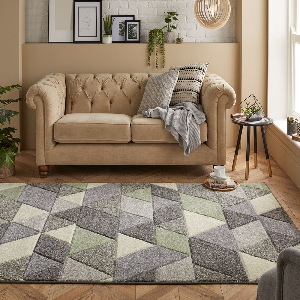 Portland 670 V Geometric Rugs in Green Grey Cream